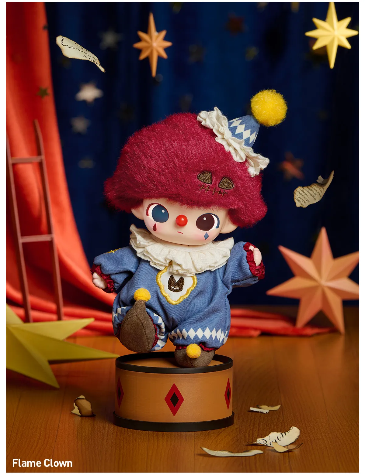 POP MART Why So Serious vinyl plush pendant — Flame Clown in blue suit, 16 cm bag charm